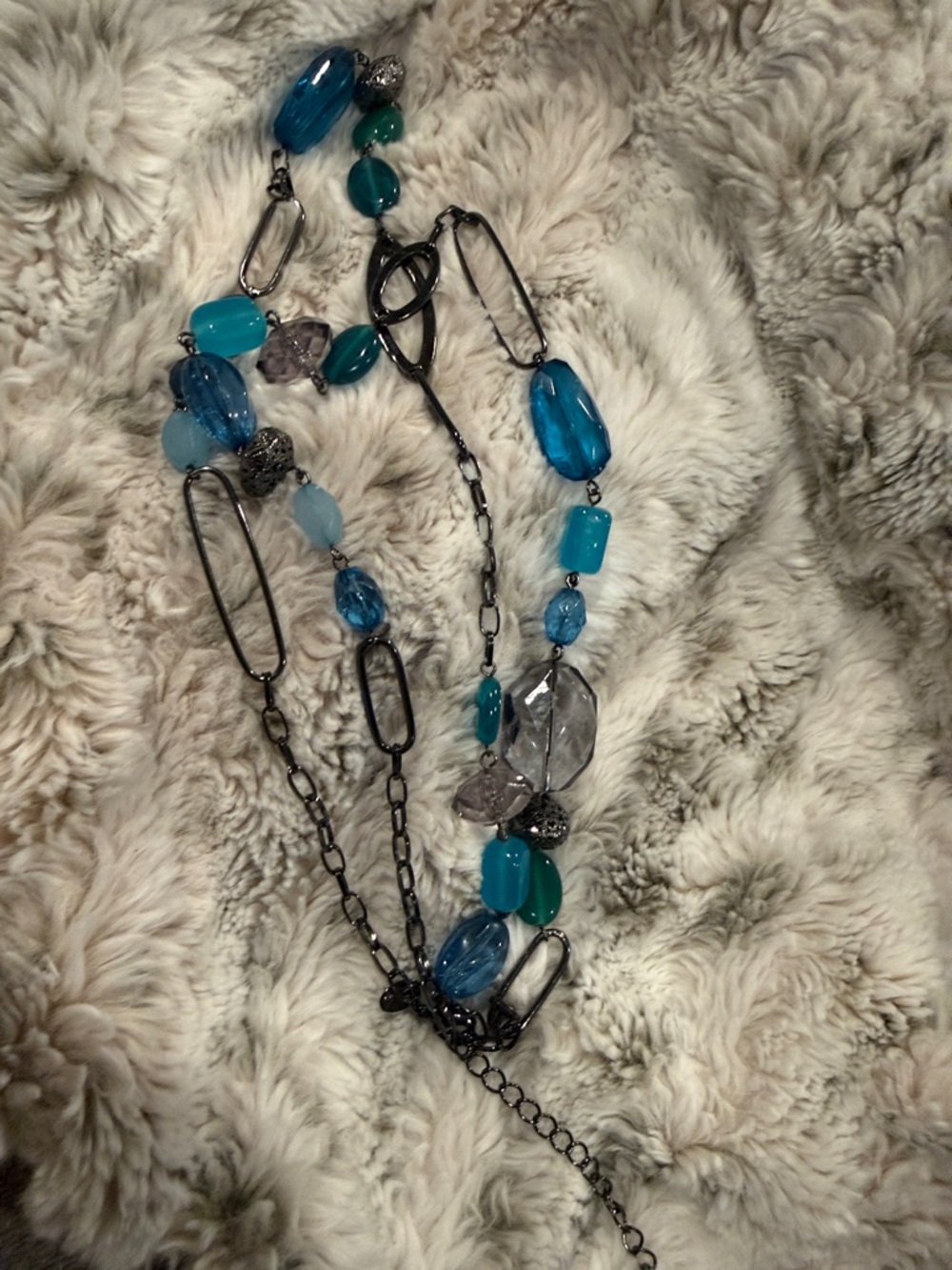 Lia Sophia verrry long Blue Mixed Bead Statement Necklace pre loved in guc